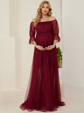 Load image into Gallery viewer, Color=Burgundy | A Line Short Puff Sleeves Wholesale Maternity Dresses-Burgundy 4