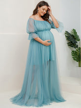 Load image into Gallery viewer, Color=Dusty blue | A Line Short Puff Sleeves Wholesale Maternity Dresses-Dusty blue 3