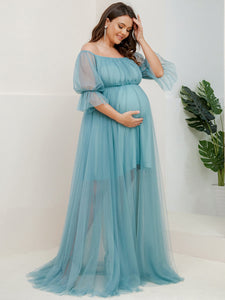 Color=Dusty blue | A Line Short Puff Sleeves Wholesale Maternity Dresses-Dusty blue 3