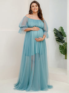 Color=Dusty blue | A Line Short Puff Sleeves Wholesale Maternity Dresses-Dusty blue 4