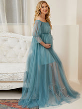 Load image into Gallery viewer, Color=Dusty blue | A Line Short Puff Sleeves Wholesale Maternity Dresses-Dusty blue 4