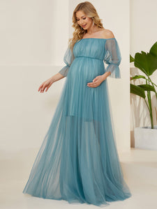 Color=Dusty blue | A Line Short Puff Sleeves Wholesale Maternity Dresses-Dusty blue 1