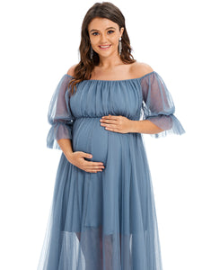 Color=Dusty Navy | A Line Short Puff Sleeves Wholesale Maternity Dresses-Dusty Navy 5