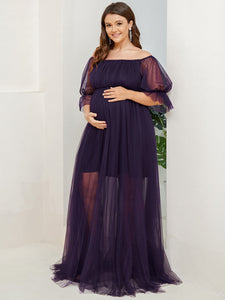 Color=Dark Purple | A Line Short Puff Sleeves Wholesale Maternity Dresses-Dark Purple 4