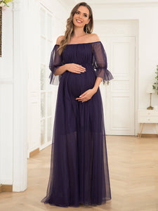 Color=Dark Purple | A Line Short Puff Sleeves Wholesale Maternity Dresses-Dark Purple 4