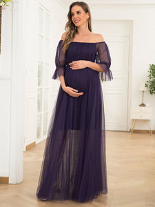 Color=Dark Purple | A Line Short Puff Sleeves Wholesale Maternity Dresses-Dark Purple 1