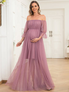 Color=Orchid | A Line Short Puff Sleeves Wholesale Maternity Dresses-Orchid 4