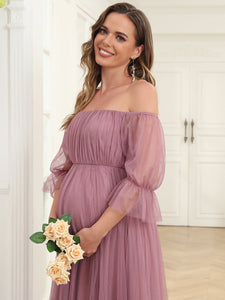 Color=Orchid | A Line Short Puff Sleeves Wholesale Maternity Dresses-Orchid 5