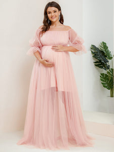 Color=Pink | A Line Short Puff Sleeves Wholesale Maternity Dresses-Pink 1