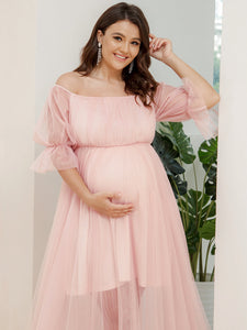 Color=Pink | A Line Short Puff Sleeves Wholesale Maternity Dresses-Pink 2