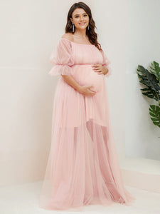Color=Pink | A Line Short Puff Sleeves Wholesale Maternity Dresses-Pink 3