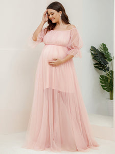 Color=Pink | A Line Short Puff Sleeves Wholesale Maternity Dresses-Pink 4