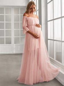 Color=Pink | A Line Short Puff Sleeves Wholesale Maternity Dresses-Pink 3
