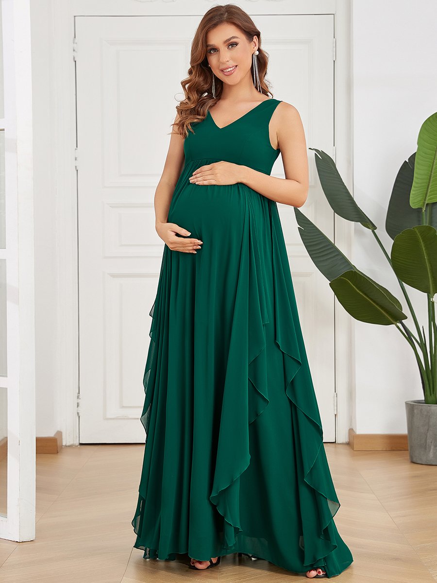 Color=Dark Green | Deep V Neck A Line Sleeveless Wholesale Maternity Dresses-Dark Green 1
