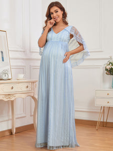 Color=Ice blue | Deep V Neck A Line Floor Length Wholesale Maternity Dresses-Ice blue 4