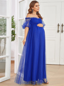 Color=Sapphire Blue | Off Shoulders Puff Sleeves A Line Wholesale Maternity Dresses-Sapphire Blue 4