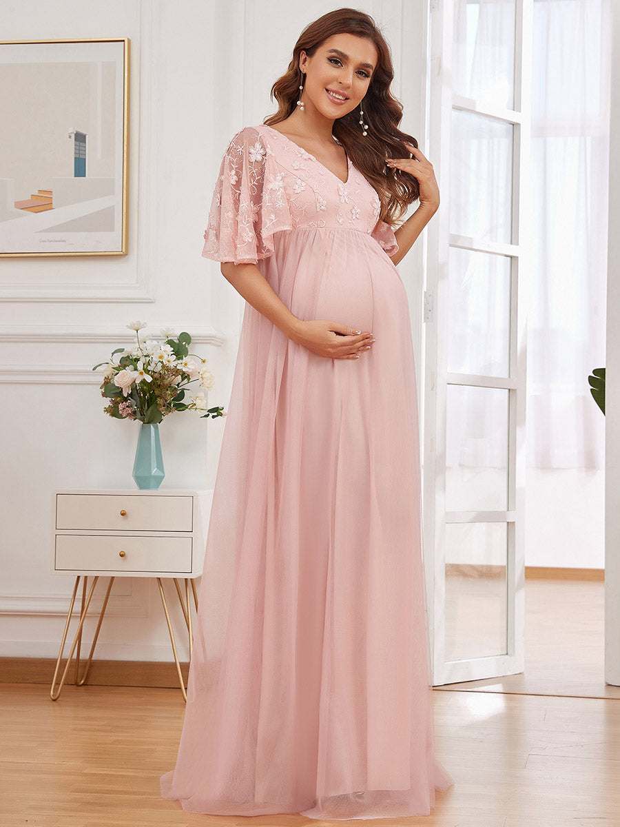 Color=Pink | Deep V Neck Half Sleeves A Line Wholesale Maternity Dresses-Pink 1