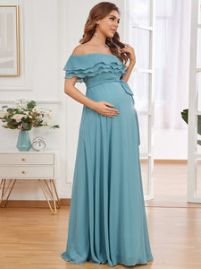 Color=Dusty blue | Off Shoulders Floor Length A Line Wholesale Maternity Dresses-Dusty blue 2