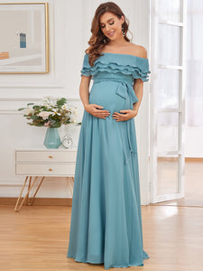 Color=Dusty blue | Off Shoulders Floor Length A Line Wholesale Maternity Dresses-Dusty blue 4