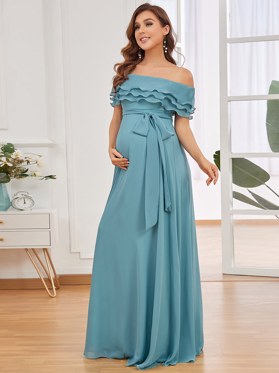 Color=Dusty blue | Off Shoulders Floor Length A Line Wholesale Maternity Dresses-Dusty blue 1