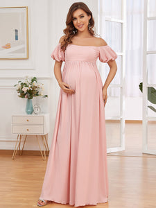 Color=Pink | Short Sleeves A Line Floor Length Wholesale Maternity Dresses-Pink 1