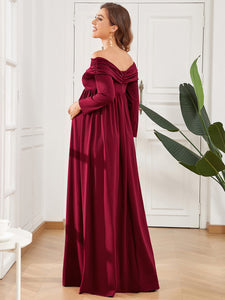 Color=Burgundy | Long Sleeves Floor Length A Line Wholesale Maternity Dresses-Burgundy 3