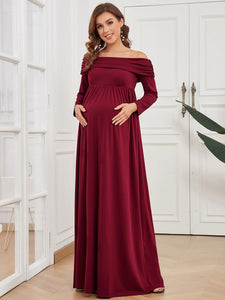Color=Burgundy | Long Sleeves Floor Length A Line Wholesale Maternity Dresses-Burgundy 1
