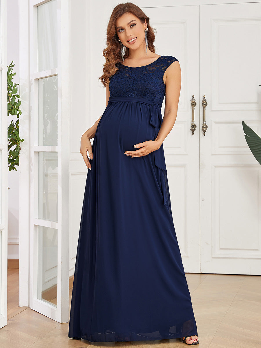 Color=Navy Blue | Round Neck A Line Floor Length Wholesale Maternity Dresses-Navy Blue 1