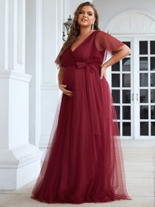 Color=Burgundy |Plus Size Short Ruffles Sleeves V Neck A Line Wholesale Maternity Dresses-Burgundy 4