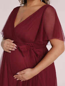 Color=Burgundy |Plus Size Short Ruffles Sleeves V Neck A Line Wholesale Maternity Dresses-Burgundy 5