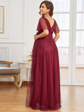 Load image into Gallery viewer, Color=Burgundy | Short Ruffles Sleeves V Neck A Line Wholesale Maternity Dresses-Burgundy 2