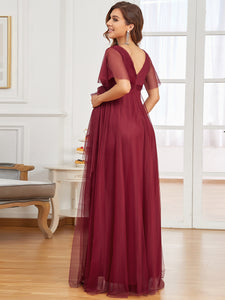 Color=Burgundy | Short Ruffles Sleeves V Neck A Line Wholesale Maternity Dresses-Burgundy 2