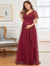 Load image into Gallery viewer, Color=Burgundy | Short Ruffles Sleeves V Neck A Line Wholesale Maternity Dresses-Burgundy 3