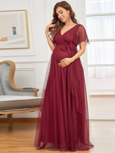 Color=Burgundy | Short Ruffles Sleeves V Neck A Line Wholesale Maternity Dresses-Burgundy 3