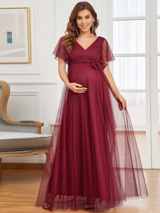 Color=Burgundy | Short Ruffles Sleeves V Neck A Line Wholesale Maternity Dresses-Burgundy 4