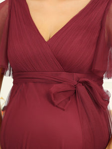 Color=Burgundy | Short Ruffles Sleeves V Neck A Line Wholesale Maternity Dresses-Burgundy 5