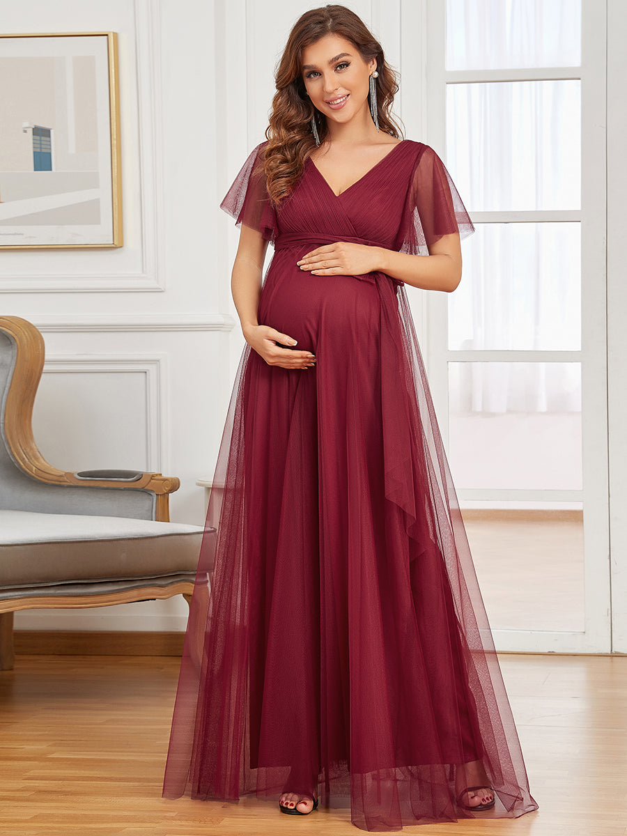 Color=Burgundy | Short Ruffles Sleeves V Neck A Line Wholesale Maternity Dresses-Burgundy 1