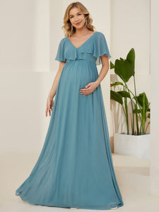 Color=Dusty blue | A Line V-Neck Short Ruffles Sleeves Wholesale Maternity Dresses-Dusty blue 4