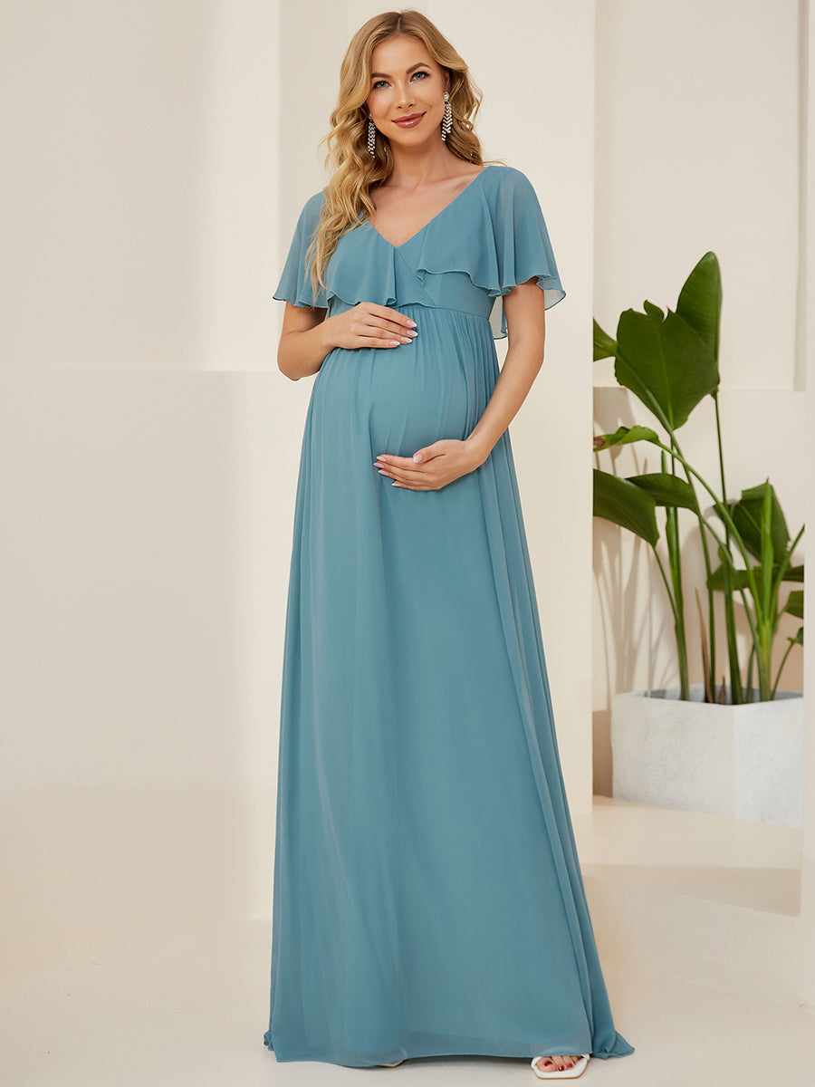 Color=Dusty blue | A Line V-Neck Short Ruffles Sleeves Wholesale Maternity Dresses-Dusty blue 1
