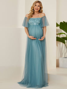 Color=Dusty blue | Off-Shoulders A-Line Floor-Length Wholesale Maternity Dresses-Dusty blue 4