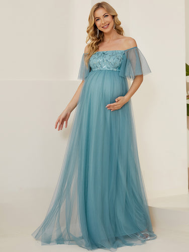Color=Dusty blue | Off-Shoulders A-Line Floor-Length Wholesale Maternity Dresses-Dusty blue 1