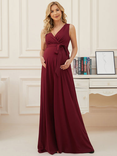 Color=Burgundy | Deep V Neck Sleeveless A-Line Wholesale Maternity Dresses-Burgundy 1