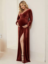Load image into Gallery viewer, Color=brick-red | V-Neck Long Pagoda Sleeves Straight Wholesale Maternity Dresses-brick-red 3