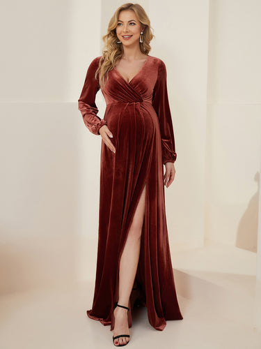 Color=brick-red | V-Neck Long Pagoda Sleeves Straight Wholesale Maternity Dresses-brick-red 1