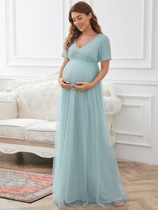 Color=Sky Blue | Cute Deep V-neck Dress for Pregnant Women-Sky Blue 1