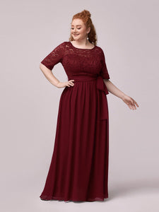 Color=Burgundy | Maxi Long Lace Illusion Wholesale Plus Size Mother Of Wholesale Bride Dresses-Burgundy 3