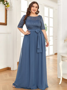 Color=Dusty Navy | Maxi Long Lace Illusion Wholesale Plus Size Mother Of Wholesale Bride Dresses-Dusty Navy 1