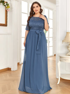Color=Dusty Navy | Maxi Long Lace Illusion Wholesale Plus Size Mother Of Wholesale Bride Dresses-Dusty Navy 2