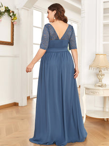 Color=Dusty Navy | Maxi Long Lace Illusion Wholesale Plus Size Mother Of Wholesale Bride Dresses-Dusty Navy 4