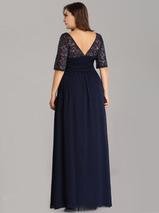 Color=Navy Blue | Maxi Long Lace Illusion Wholesale Plus Size Mother Of Wholesale Bride Dresses-Navy Blue 2